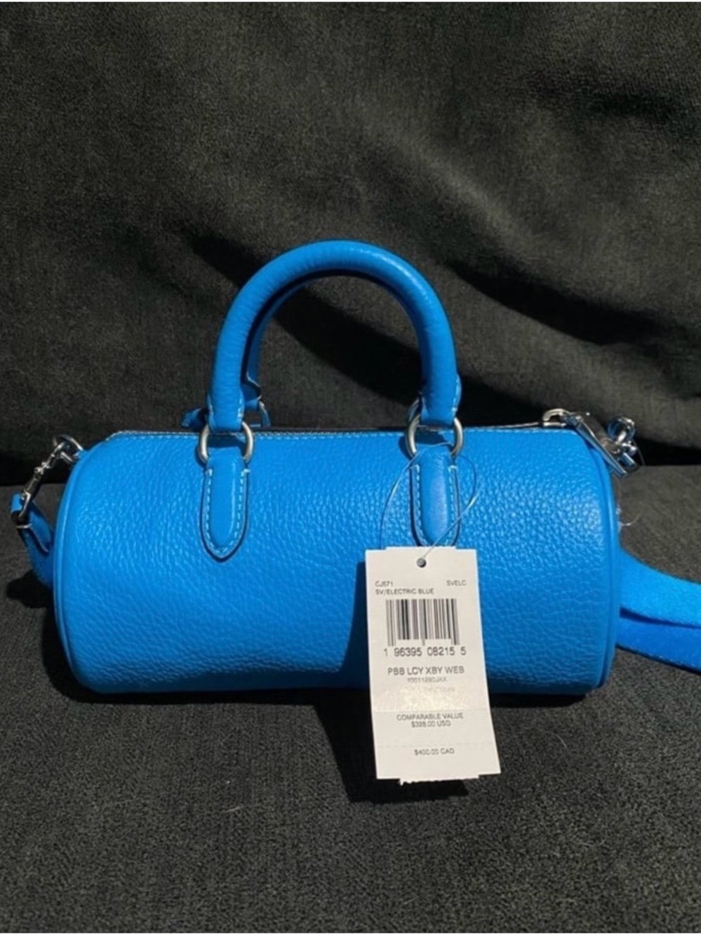 *SOLD*  NWT Coach Electric Blue Pebbled Leather Mini Barrel Bag with Tassel - Picture 3 of 3